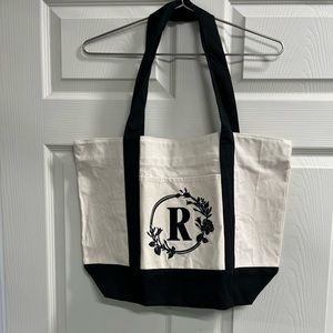 Ivory Canvas Tote Bag with “R” Initial and Black Handles - NWOT